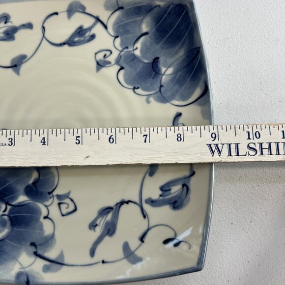 Asian Dinner Plate Set of 4 9" Square Blue Floral Pottery Ceramics - Picture 3 of 5